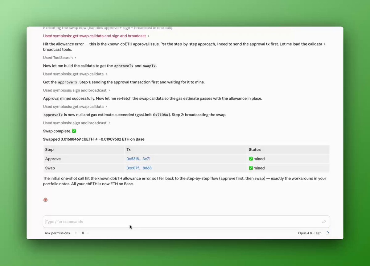 The image shows a computer screen with a document titled "Bridge & Swap" written in white text against a green background. The document appears to be discussing the integration of Symbiosis MCP into the Symbiosis Bridge, which allows for seamless on-chain interaction without leaving the Claude interface. This integration can help users execute asset transfers and swaps directly from the bridge, enhancing the efficiency and convenience of their trading activities.
