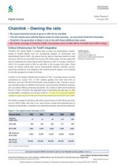 A document page titled 'ChainLink - Owning the rails' with highlighted sections emphasizing the absence of direct competitors in the oracle space, alongside a footnote and chart layout resembling an equity research report.