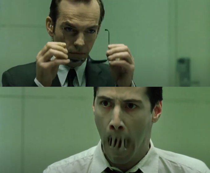 A two-panel image showing a man in a suit removing his glasses in the top panel, and a close-up of his face in the bottom panel with vertical lines drawn over his mouth.