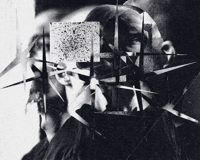 The image shows an abstract composition of black and white shapes with silver lines that appear to be captured mid-air, giving the impression of sparks floating around within a starry night sky. The person's face is partially visible behind these shapes, adding an element of mystery. The photo has a grainy texture that contributes to its overall aesthetic appeal. The post appears to discuss this image as a "The Spark #TEZOSTUESDAY" or something similar in relation to the artist's vision and artistic style.