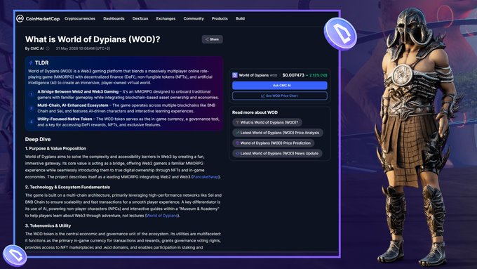 The image displays a page that is part of the website CoinMarketCap. The webpage appears to be about an item called "WOD", which stands for World Of Differently Wired Games. It's described as being a game designed by artificial intelligence, with AI-powered gameplay and multi-chain architecture. The post also mentions that users can earn in return by playing and participating in the game, and then use their earned points to buy new games or merchandise like clothing from a company called B&H Clothing. The webpage has a purple background, blue text, and various images related to different aspects of WOD gaming experiences.