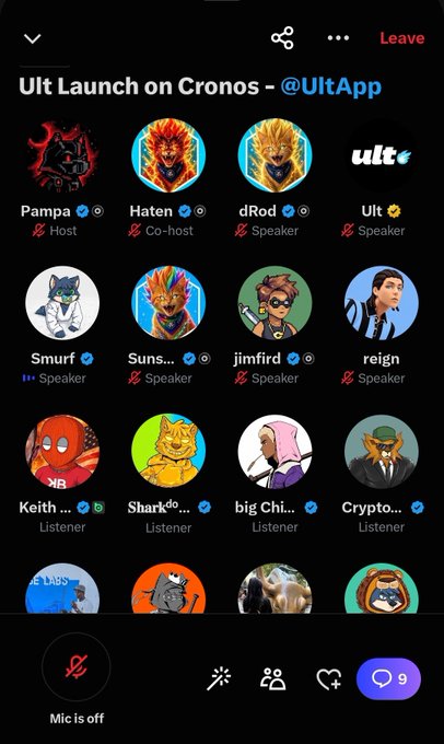 Screenshot of a Twitter Spaces audio room titled 'Ult Launch on Cronos - @UltApp' featuring multiple speakers including Pampa (Host), Haten (Co-host), dRod, Ult, Smurf, Suns..., jimfrd, and reign, with listeners Keith..., Shark..., big Chi..., and Crypto...