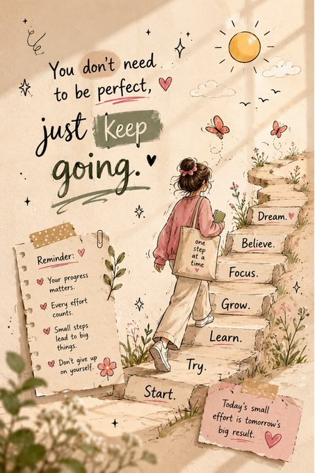 A motivational illustration with the text 'You don't need to be perfect, just keep going' featuring a girl climbing stairs labeled with words like Dream, Believe, Focus, Grow, Learn, Try, Start, along with a reminder note listing encouragement points.