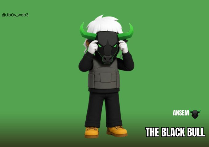 A 3D cartoon character called 'THE BLACK BULL' by ANSEM and @Jb0y_web3, featuring a figure with white hair, green horns, and a black bull mask wearing a tactical vest and yellow shoes against a green background.
