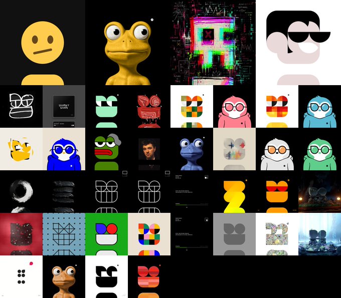 A collage showcases various meme coins and NFT characters, prominently featuring a yellow figure, a 3D frog, a glitchy television set, and several colorful stylized mascots with sunglasses.
