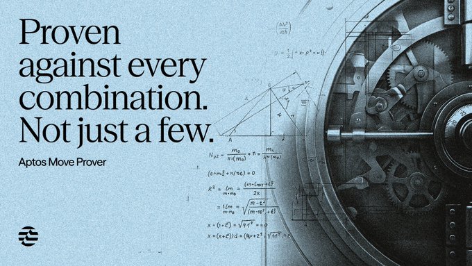 An advertisement for "Aptos Move Prover" featuring the tagline "Proven against every combination. Not just a few," set against a backdrop of mechanical vault gears overlaid with mathematical equations, visually reinforcing the post's message that formal verification provides exhaustive proof rather than limited audit-based testing.