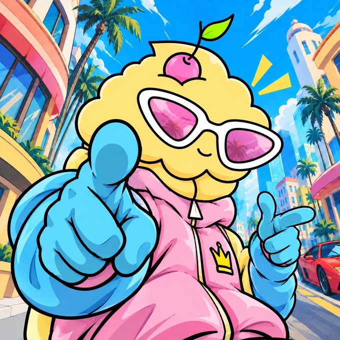 A cartoon illustration shows a character with a cherry on top wearing pink sunglasses, blue gloves, and a pink outfit, giving a thumbs up against a vibrant city background.