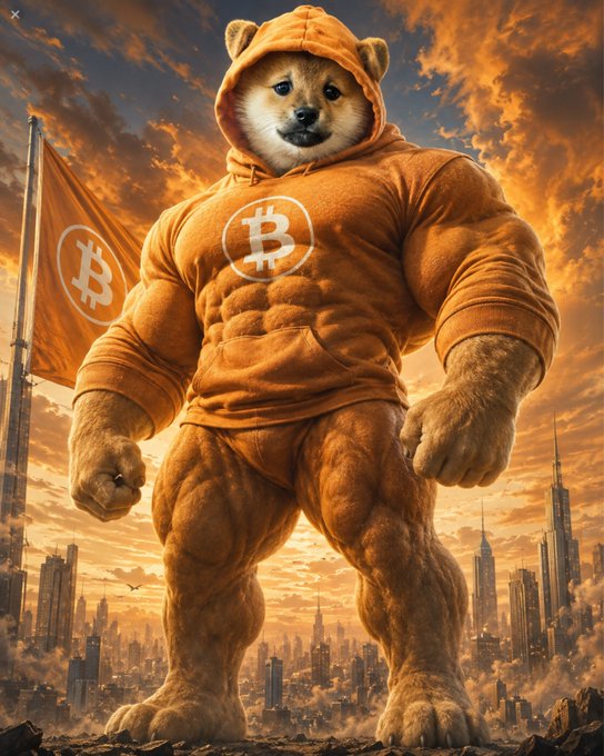 A muscular anthropomorphic Shiba Inu dog wearing an orange Bitcoin hoodie, standing dominantly over a futuristic city skyline with a Bitcoin flag in the background.