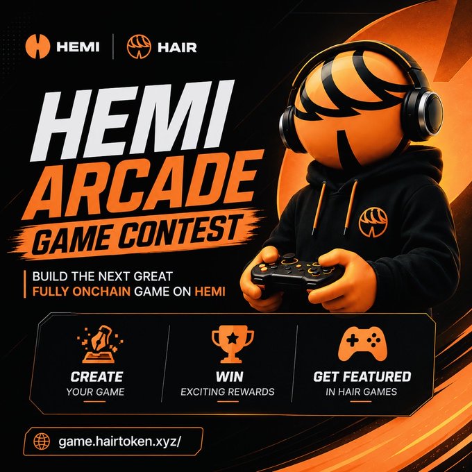 An orange-themed promotional graphic for the 'HEMI x HAIR Arcade Game Contest' featuring a 3D character wearing headphones and holding a game controller, encouraging users to build the next great fully onchain game on HEMI.