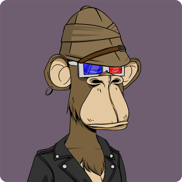 A cartoon illustration of a Bored Ape-style monkey wearing a brown hat, 3D glasses, hoop earrings, and a black leather jacket against a purple background.
