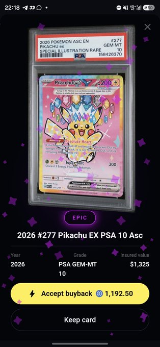 A mobile app screen displaying a graded Pokémon card: '2026 #277 Pikachu EX PSA 10' with a buyback offer of 1,192.50.