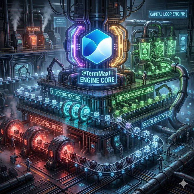 The image depicts an industrial setting with various machines and equipment, including pipes and tanks. The scene also features a large blue cube that says "TermMax" on it. The focus of the image is on the term Max's latest direction, which involves expanding the use of tokenized stock collateral through Ondo Global Markets on BNB Chain to support tokenized stock collateral through Ondo Global Markets on BNB Chain. This expansion could potentially lead to a broader understanding and application of tokenized stock collateral in fixed-rate lending.