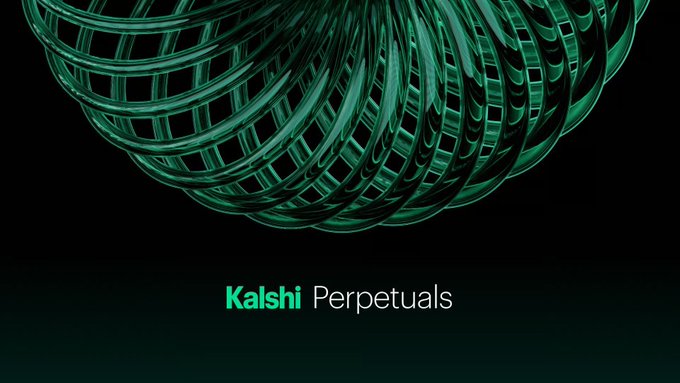 A dark promotional graphic for Kalshi Perpetuals features an abstract 3D rendering of green woven rings against a black background, with the text "Kalshi Perpetuals" centered below. The post uses the image to highlight Kalshi's new offering of legally accessible perpetual futures contracts for trading Bitcoin and major cryptocurrencies with leverage in the U.S.