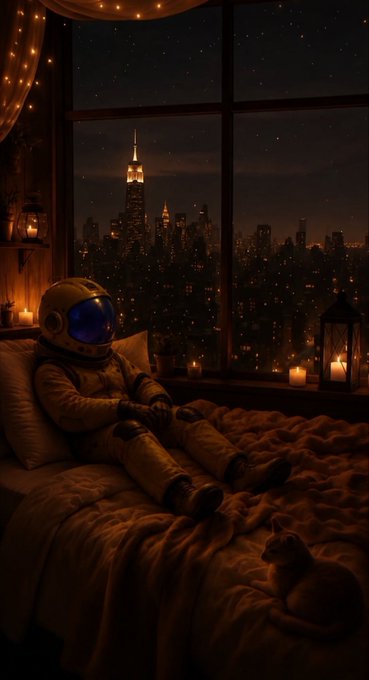 An astronaut sits on a cozy bed by a large window overlooking a glittering nighttime cityscape, with candles and a cat adding to the intimate, warmly lit atmosphere.