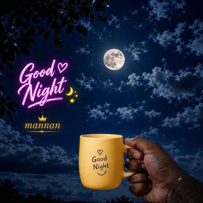 A nighttime scene featuring a bright full moon in a cloudy blue sky with a hand holding a yellow mug that reads 'Good Night ♡', alongside pink neon-style text saying 'Good Night' and a watermark reading 'mamnan'.