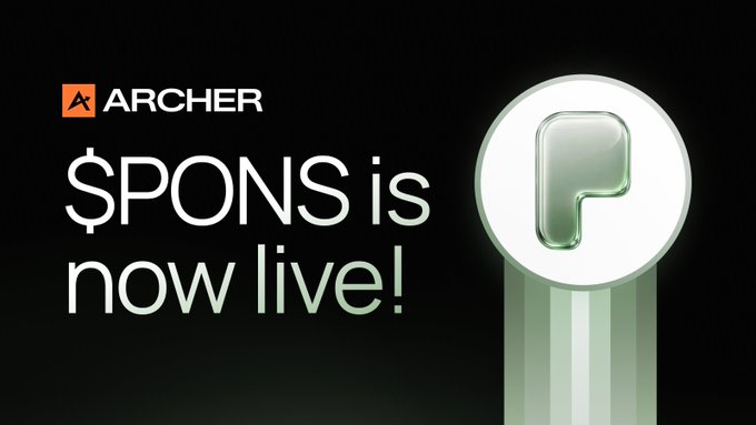 Promotional graphic with black background featuring the orange "ARCHER" logo and text "$PONS is now live!" alongside a glowing green "P" icon.