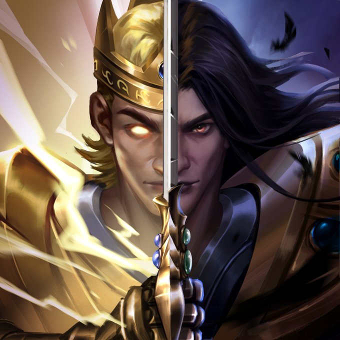 A split-face illustration contrasts two characters divided by a sword down the center: a golden-armored figure with blonde hair and glowing eyes on the left, and a dark-haired character in dark armor on the right.