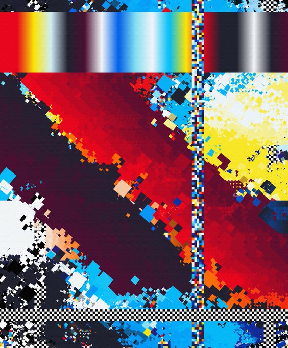 The image features a vibrant, colorful abstract art piece with various shades of red, blue, yellow, green, black, white, and gray. The artwork has a digital or computer-generated quality due to its pixelated nature. The colors used are predominantly red, blue, and yellow, creating an eye-catching and lively composition. The image is accompanied by the text "Vibrant Cosmos" in the top left corner, which suggests that this piece of art might be inspired by the cosmos or space exploration themes.

The artwork's digital nature can be seen through its pixelated appearance, giving it a modern and contemporary feel. This type of art often uses computer-generated imagery (CGI) to create complex patterns and designs, making it an interesting and visually appealing piece for those who appreciate abstract art and technology.