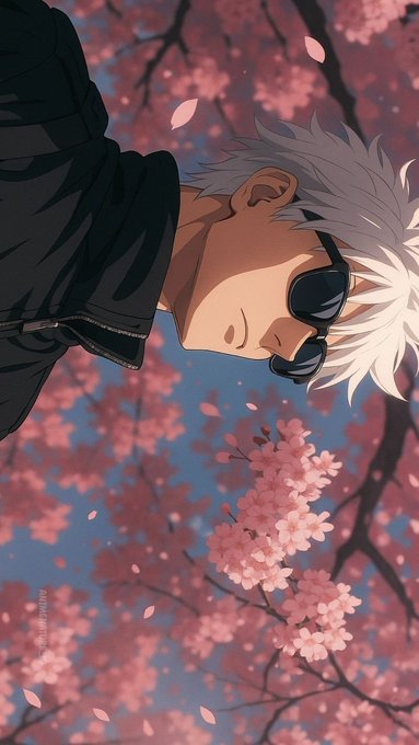 An anime illustration features a white-haired character wearing sunglasses and a black jacket, surrounded by falling pink cherry blossom petals.
