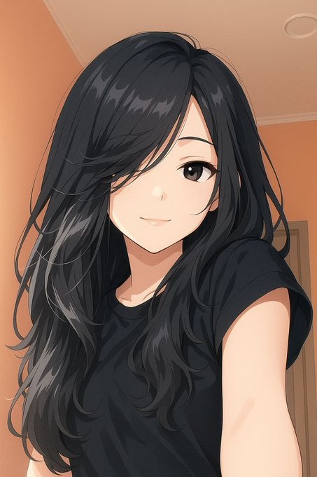An anime-style illustration of a young woman with long, flowing black hair wearing a black t-shirt, giving a gentle smile against a warm orange background.