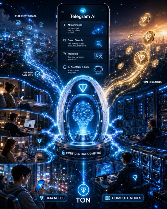 The image features a large blue egg with a small light bulb inside of it, surrounded by various people working at computers. The background shows a city skyline under a starry night sky. The caption reads "Pavel @Durov, I think Cocoon could become much bigger than a confidential GPU network".