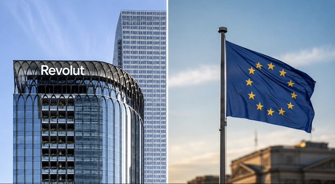 A side-by-side composition shows a modern skyscraper with the 'Revolut' logo on its facade next to the European Union flag with its circle of yellow stars waving against a blue sky.