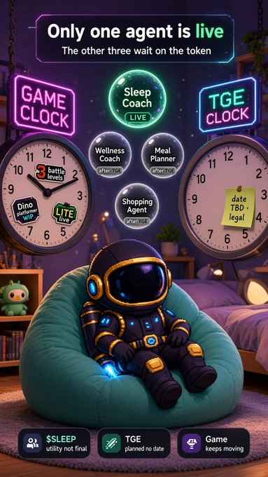 A neon-lit room scene with an astronaut sitting on a beanbag, featuring glowing signs reading 'GAME CLOCK', 'Sleep Coach LIVE', and 'TGE CLOCK', with text 'Only one agent is live'.