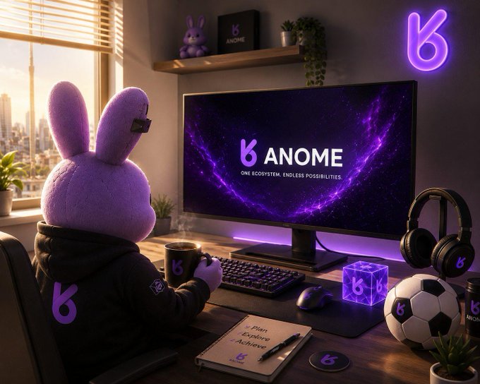 A purple bunny character in branded gear works at a gaming desk featuring a monitor displaying "ANOME — One Ecosystem. Endless Possibilities," alongside peripherals and decor all bearing the ANOME logo, visually representing the brand's lifestyle and ecosystem setup.

The image ties to the post by showcasing the ANOME-branded workspace as a relatable "morning setup," inviting followers to share their own daily essentials.