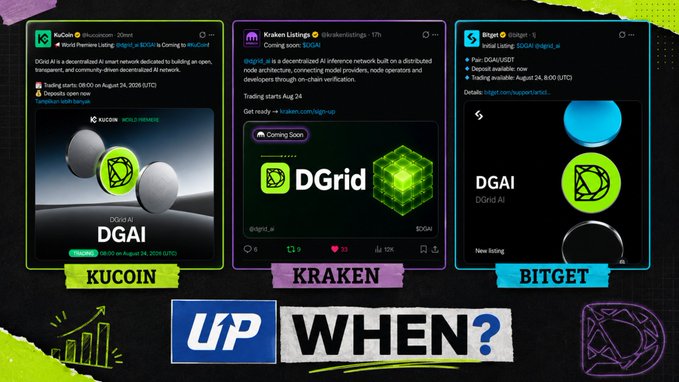Collage showing DGAI token listings on KuCoin, Kraken, and Bitget exchanges, with the text 'UP WHEN?' displayed at the bottom.