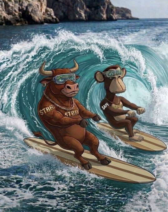A vibrant painting of a bull labeled 'STBB' and a monkey labeled 'SAFE' wearing goggles, both surfing on a wave together.