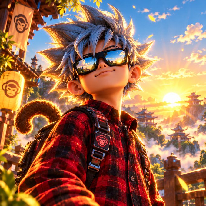 Stylized 3D illustration of a young character with spiky silver hair wearing sunglasses and a red plaid shirt, set against a sunset backdrop with pagoda-style architecture.