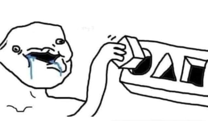 A crude black-and-white line drawing meme showing a crying figure using a power strip with multiple plug outlets as a tissue.