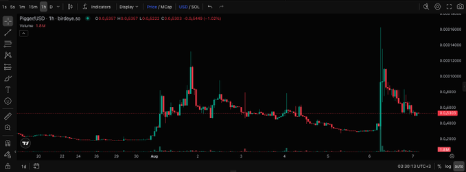 A TradingView candlestick chart for "Pippin/USD" (1h timeframe) showing price action with an open of 0.63667, high of 0.68703, low of 0.62663, and close of 0.63449 (-1.02%), displayed on a dark background.