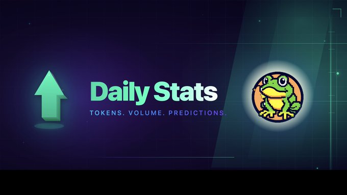 A graphic titled 'Daily Stats' with the subtitle 'TOKENS. VOLUME. PREDICTIONS.' features a glowing green upward arrow and a cartoon frog logo against a dark purple and teal background.