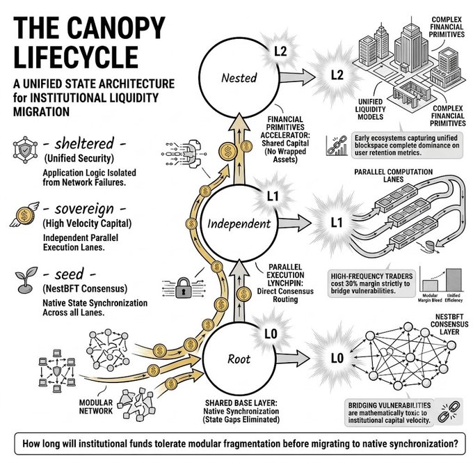 The image shows a flowchart that illustrates various aspects of the canopy life cycle, which includes information about networks, migration liquidity, and investment funding. In this specific diagram, we can see that there are multiple circles representing different elements within the canopy life cycle, such as 'Nested', 'Native State Synchronization', 'Independence', and several other terms related to fund flow and capital flight vulnerabilities in modular networks. The image is accompanied by a caption that provides additional information about the canopy life cycle and its intricacies, including how it relates to the post regarding institutional funds being tracked closely via smart money.