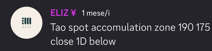 A notification from ELIZ with a 1-month subscription showing the alert: "Tao spot accumulation zone 190 175 close 1D below," suggesting a buy signal for TAO near support levels, which aligns with the post celebrating WealthGroup's well-timed entry at the bottom.