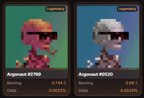 Two pixel art character cards labeled 'Legendary,' featuring 'Argonaut #2769' (with orange head) and 'Argonaut #0520' (with white head), both showing Backing and Odds statistics.