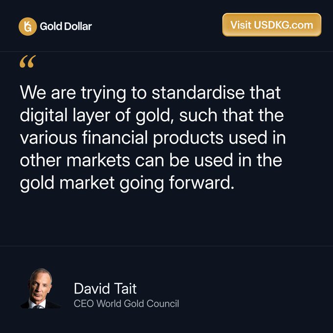 The image features a quote from David Tait, CEO of the World Gold Council, displayed on a dark background alongside a Gold Dollar branding banner and a "Visit USDKG.com" button. Tait's quote states, "We are trying to standardise that digital layer of gold, such that the various financial products used in other markets can be used in the gold market going forward," which directly reinforces the post's message about building digital infrastructure to integrate real-world assets like gold into modern financial systems.