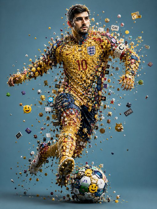 A stylized digital artwork portrays soccer player #10 wearing a yellow and blue kit, appearing to emerge from or dissolve into floating icons, emojis, and game elements while dribbling a soccer ball.