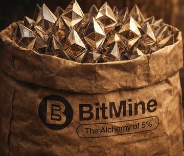 A burlap sack overflowing with gold Ethereum-themed crystals is branded "BitMine - The Alchemy of 5%," visually reinforcing the post's message of BitMine's massive institutional accumulation of 101,000 $ETH ($300M) toward their goal of owning 5% of Ethereum's total supply.