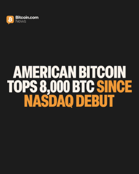 The image features a Bitcoin.com Network headline reading "American Bitcoin Tops 8,000 BTC Since Nasdaq Debut," visually announcing the company's achievement mentioned in the post of accumulating over 8,000 $BTC holdings following its public listing, with the highlighted orange text emphasizing the milestone figure.