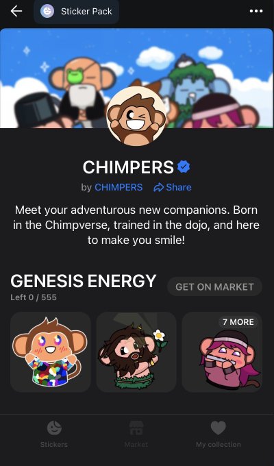 A mobile screen showing a 'Sticker Pack' for 'CHIMPERS' by CHIMPERS, describing them as 'adventurous new companions', with three character stickers displayed and a 'GET ON MARKET' option for 'GENESIS ENERGY'.