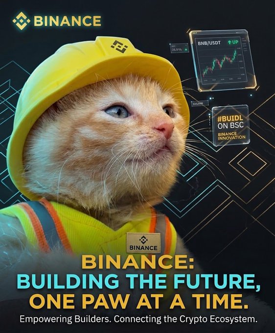 A Binance-branded orange cat in a yellow hard hat and safety vest is featured alongside a BNB/USDT chart showing an "UP" trend and a "#BUIDL ON BSC" graphic, with the tagline "BINANCE: Building the Future, One Paw at a Time," playfully framing the cat as Binance's unofficial "builder" mascot referenced in the post.