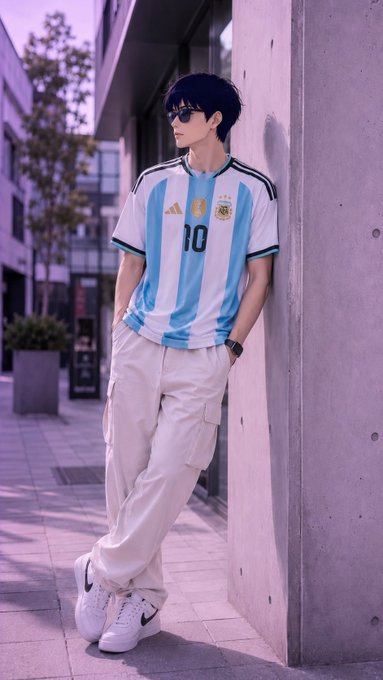 An anime-style illustration of a young man wearing sunglasses and an Argentina national football team jersey with the number 10, leaning against a concrete wall.
