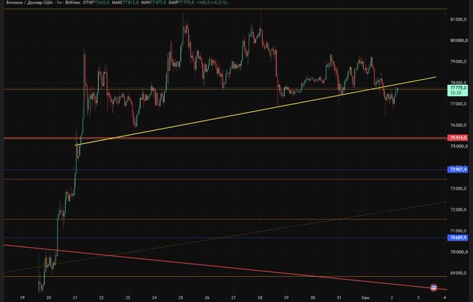 A TradingView Bitcoin chart on Binance showing price action around $77,775 with trend lines, horizontal support/resistance levels, and an MACD indicator.