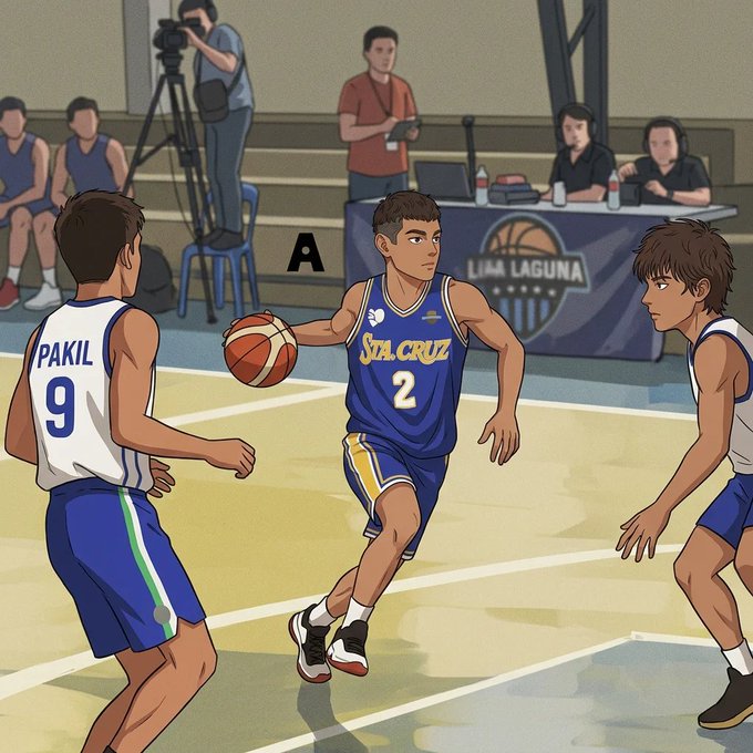 An animated illustration of a basketball game showing a player from 'Sta Cruz' (#2) dribbling while being guarded by a player from 'Pakil' (#9), with spectators, a cameraman, and commentators visible courtside.
