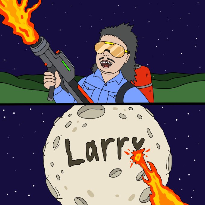 A cartoon-style image shows a man with long hair, yellow sunglasses, and a backpack firing a flamethrower at a moon labeled "LARRY," with the stream of fire striking the moon's surface—visually representing the post's claim that $LARRY is "programmed much higher."