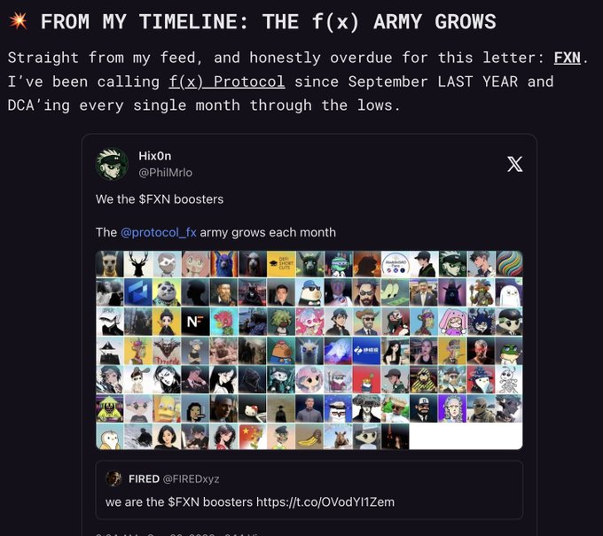 A crypto newsletter titled 'FROM MY TIMELINE: THE f(x) ARMY GROWS' discussing the $FXN token by @PhilMrIo, featuring a collage of community profile pictures.