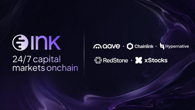 The image displays the Ink logo with the tagline "24/7 capital markets onchain" alongside partner logos including Aave, Chainlink, Hypernative, RedStone, and xStocks, visually showcasing the network's infrastructure partners for building onchain capital markets as referenced in the post.