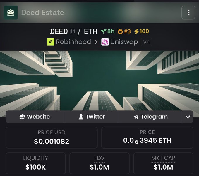 A screenshot of a cryptocurrency tracking app displaying the DEED/ETH token on Uniswap V4, with a price of $0.001082 USD and a market cap of $1.0M.